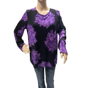 Sharon Anthony Purple Black Floral Long Sleeve Artsy Tunic Top Blouse